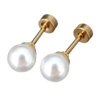 Stainless Steel Piercing Earring with Glass Pearl gold color plated for woman Sold By Lot