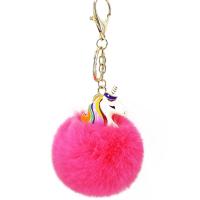 Fur Ball Pom Pom Keychain Zinc Alloy with Faux Rabbit Hair Unicorn gold color plated for woman & enamel nickel lead & cadmium free Sold By PC