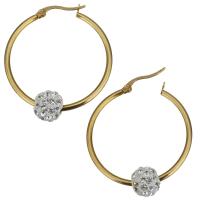 Stainless Steel Hoop Earring with Rhinestone Clay Pave Bead gold color plated for woman  Sold By Pair