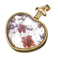 Cruach dhosmálta Croí pendants, le triomaithe Flower & Gloine, dath an óir plated, 35x43x14.50mm, Poll:Thart 4x6mm, Díolta De réir PC
