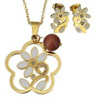 Fashion Stainless Steel Jewelry Sets earring & necklace with Goldstone Flower gold color plated oval chain & for woman & enamel & with rhinestone white 2mm Length Approx 18 Inch Sold By Set