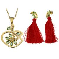 Fashion Stainless Steel Jewelry Sets earring & necklace with Cotton Thread Flower gold color plated oval chain & for woman & with rhinestone green 2mm Length Approx 19 Inch Sold By Set