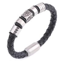 cuir PU bracelet, avec acier inoxydable, bracelet tressé & pour homme, noire, 9mm, Vendu par Environ 8.26 pouce brin