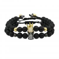 Black Stone Woven Ball Bracelets with Nylon Cord & Brass Crown plated Unisex & adjustable & micro pave cubic zirconia 8mm Sold Per Approx 7.1-7.8 Inch Strand