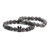 Labradorite Bracelet with Elastic Thread & Brass plumbum black color plated Unisex & micro pave cubic zirconia 8mm Sold Per Approx 7.1-7.8 Inch Strand