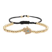 Brass Woven Ball Bracelets with Nylon Cord & Turquoise Hamsa plated Unisex & adjustable & micro pave cubic zirconia 4mm Sold Per Approx 7.1-7.8 Inch Strand