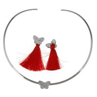Fashion Stainless Steel Jewelry Sets collar & earring with Cotton Thread & Rhinestone Clay Pave with 1lnch extender chain Butterfly for woman red 3mm Inner Approx 135mm Sold By Set