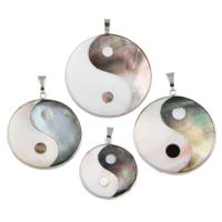 Natural Abalone Shell Pendants Black Shell with Abalone Shell Paper & White Shell & Brass Flat Round platinum color plated Sold By Bag