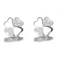 925 Sterling Silver Stud Earrings Brass Four Leaf Clover silver color plated micro pave cubic zirconia & for woman nickel lead & cadmium free Sold By Pair