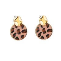 Brass Drop Earring with Leather Flat Round gold color plated for woman nickel lead & cadmium free 40mmx25mm Sold By Pair