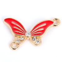 Animal Zinc Alloy Connector Butterfly gold color plated enamel & with rhinestone & 1/1 loop red nickel lead & cadmium free 24*14mm Sold By Bag