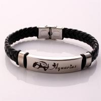 Leather cord Bangle with Stainless Steel handmade Zodiac symbols jewelry & Unisex black 190.5mm Sold Per Approx 7.5 Inch Strand