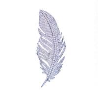 Brass Brooch Feather silver color plated micro pave cubic zirconia & for woman nickel lead & cadmium free 24*61mm Sold By PC