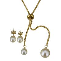 Conjuntos de joyería de acero inoxidable, Pendiente de stud & collar, con Perlas plásticas, cadena de caja & para mujer, dorado, 12x16mm,2mm,8mm, longitud aproximado 19 Inch, Vendido por Set