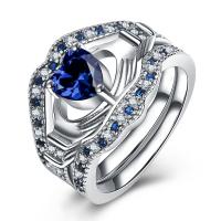 Zinc Alloy Ring Set finger ring with Gemstone silver color plated three pieces & for woman & hollow dark blue Sold By Set