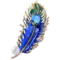 Brass Brooch with Plastic Pearl Feather gold color plated micro pave cubic zirconia & for woman & enamel nickel lead & cadmium free 78*32mm Sold By PC