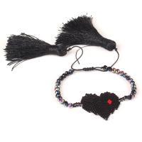 Glass Beads Bracelet with Seedbead & Cotton Cord Heart adjustable & for woman black 4mm Length Approx 6.3-8.6 Inch Sold By Lot