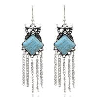 Zinc Alloy Drop Earrings with turquoise Owl antique silver color plated for woman 80*20mm Sold By Lot