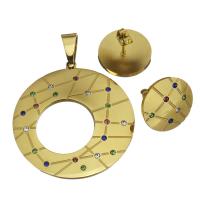 Set di gioielli in acciaio inox, Orecchino a bottone & Ciondolo, placcato color oro, per la donna & con strass, 35x38mm,16mm, Foro:Appross. 5x8mm, Venduto da set
