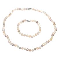 Natural Cultured Freshwater Pearl Jewelry Sets bracelet & necklace brass lobster clasp brass post pin Potato silver color plated 2 pieces & for woman mixed colors 6-7mm Length Approx 17.3 Inch Approx 7.1 Inch Sold By Set