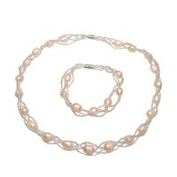 Natural Cultured Freshwater Pearl Jewelry Sets bracelet & necklace with Glass Seed Beads brass magnetic clasp Rice silver color plated 2 pieces & for woman pink Length Approx 16.1 Inch Approx 7.5 Inch Sold By Set