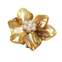 Geltona Shell Jungtis, su Gėlo vandens perlų & Žalvarinis, Gėlė, sidabro spalva padengtas, 3/3 kilpa, geltonas, 50x17mm, Skylė:Apytiksliai 2.5mm, Pardavė PC