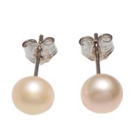Freshwater Pearl Stud Earring brass post pin Potato silver color plated for woman pink Sold By Pair