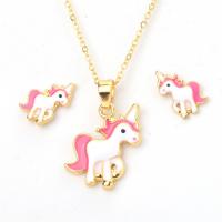 Zinc Alloy Jewelry Sets Stud Earring & necklace with 50mm extender chain Unicorn real gold plated fashion jewelry & for woman & enamel nickel lead & cadmium free 400mm 15*20mm Sold By Set