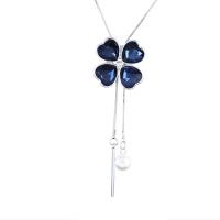 Zinc Alloy Sweater Chain Necklace with ABS Plastic Pearl & Crystal Four Leaf Clover silver color plated snake chain & for woman blue nickel lead & cadmium free Sold Per Approx 27.56 Inch Strand