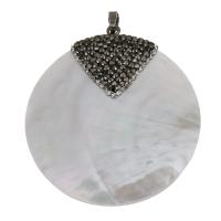 Natural White Shell Hangers, met strass klei pave & Messing, Rond plat, silver plated, 50x54x9.50mm, Gat:Ca 5x7mm, Verkocht door PC
