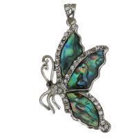 Rhinestone Brass Pendants with Abalone Shell Butterfly silver color plated with rhinestone nickel lead & cadmium free Approx Sold By PC