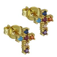 Brass Stud Earring Cross real gold plated micro pave cubic zirconia & for woman nickel lead & cadmium free Sold By Pair