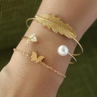 Zinc Alloy Bracelet Set cuff bangle & bracelet with Plastic Pearl plated three pieces & for woman golden nickel lead & cadmium free Sold By Set