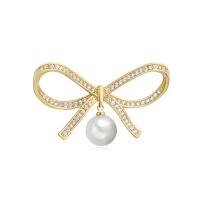 Brass Brooch with ABS Plastic Pearl Bowknot gold color plated micro pave cubic zirconia & for woman nickel lead & cadmium free Sold By PC