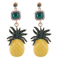 Zinc Alloy Drop Earrings Pineapple plated for woman & enamel & with rhinestone nickel lead & cadmium free 68*20mm Sold By Pair