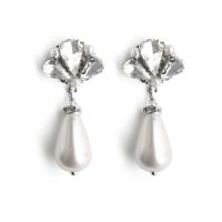 Plastic Pearl Drop Earring with Rhinestone with zinc alloy earnut & for woman silver color Sold By Pair
