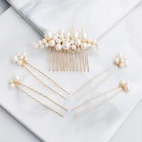 Wedding Jewelry Sets ABS Plastic Pearl hair comb & hair stick with brass wire handmade fashion jewelry & for woman golden 7.5cmx1.5cm Sold By Set