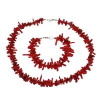 Natural Coral Jewelry Set bracelet & necklace brass lobster clasp platinum color plated 2 pieces & for woman red 11*4mm-22*4mm Length Approx 18.9 Inch Approx 7.5 Inch Sold By Set