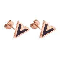 Titanium Staal Stud Earring, Letter V, rose goud plated, mode sieraden & voor vrouw & glazuur, 12.5x10mm, Verkocht door pair