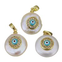 Brass Pendant with Freshwater Pearl gold color plated fashion jewelry & evil eye pattern & micro pave cubic zirconia nickel lead & cadmium free 14-15x18.5-20x8.5-9mm Sold By Lot