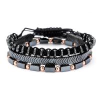 Hematite Woven Ball Bracelets with Nylon Cord & Brass gold color plated three pieces & Unisex & adjustable black Length Approx 6.3-9.8 Inch Sold By Set
