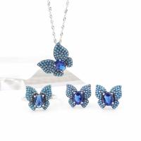 925 Sterling Silver Jewelry Sets, Stud Earring & finger ring & necklace, with Cubic Zirconia, sterling silver post pin, Butterfly, Adjustable & three pieces & for woman, 21.6x21.6mm,13.5x12.2mm,12.3mm, Length:Approx 17.7 Inch, Sold By Set
