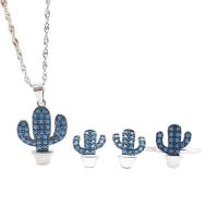 925 Sterling Silver Jewelry Sets, Stud Earring & finger ring & necklace, Opuntia Stricta, plated, three pieces & micro pave cubic zirconia & for woman, more colors for choice, 15.3x25.6mm,1096x13.6mm,13.9mm, Length:Approx 17.7 Inch, Sold By Set