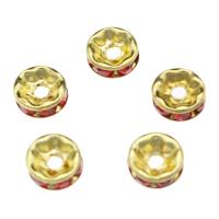 Jern smykker perler, med Resin Rhinestone, guldfarve belagt, rød, nikkel, bly & cadmium fri, 7x3mm, Hole:Ca. 1.8mm, 2000pc'er/Bag, Solgt af Bag