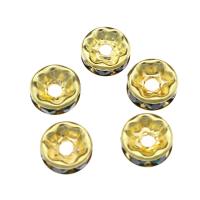 Jern smykker perler, med Resin Rhinestone, guldfarve belagt, grøn, nikkel, bly & cadmium fri, 7x3mm, Hole:Ca. 1.8mm, 1000pc'er/Bag, Solgt af Bag