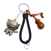 Zinc Alloy Key Clasp with leather cord & Wood Chinese Zodiac antique gold color plated cute & fashion jewelry & Unisex nickel lead & cadmium free 125mm Sold By PC