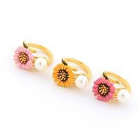 Messing Open -Finger-Ring, Blume, goldfarben plattiert, für Frau & Emaille, keine, 23mm, Größe:7, verkauft von PC