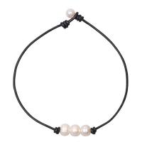 Natural Freshwater Pearl Necklace PU Leather Cord with Freshwater Pearl fashion jewelry & for woman white and black Length Approx 17 Inch Sold By Lot