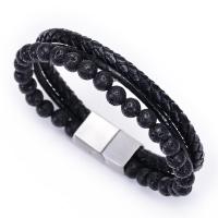 Gemstone Bracelets with Leather & Stainless Steel elastic & for man 6mm Length Approx 7.08-8.5 Inch Sold By Lot