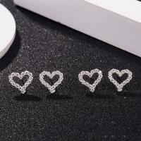 925 Sterling Silver Stud Earrings sterling silver post pin Heart micro pave cubic zirconia & for woman Sold By Pair
